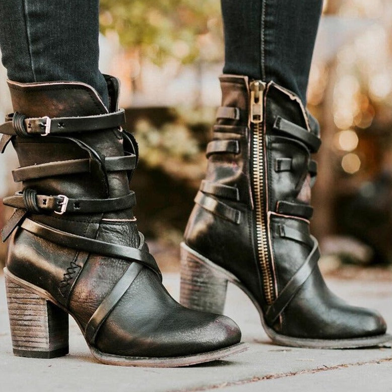 Chic women's vintage ankle boots with heel. Versatile leather footwear for autumn & winter fashion.
