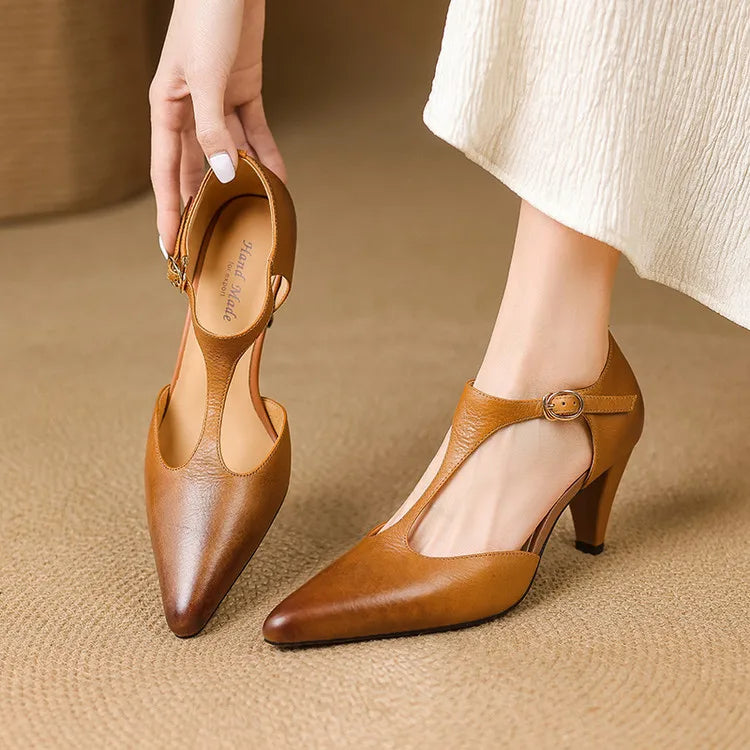 Women's vintage T-Strap mid-heel pumps. Elegant classic design, perfect for dress, office, and formal wear.