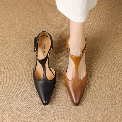 Women's vintage T-Strap mid heels, featuring a classic, comfortable, and elegant dress shoe design.
