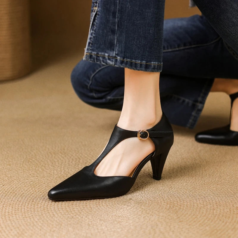 Side profile of women's elegant T-Strap mid-heel pumps. Vintage classic style, comfortable dress shoes.