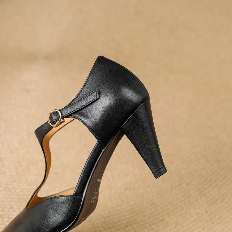 Front view of women's vintage T-Strap mid heels. Classic, elegant, and comfortable formal shoes.