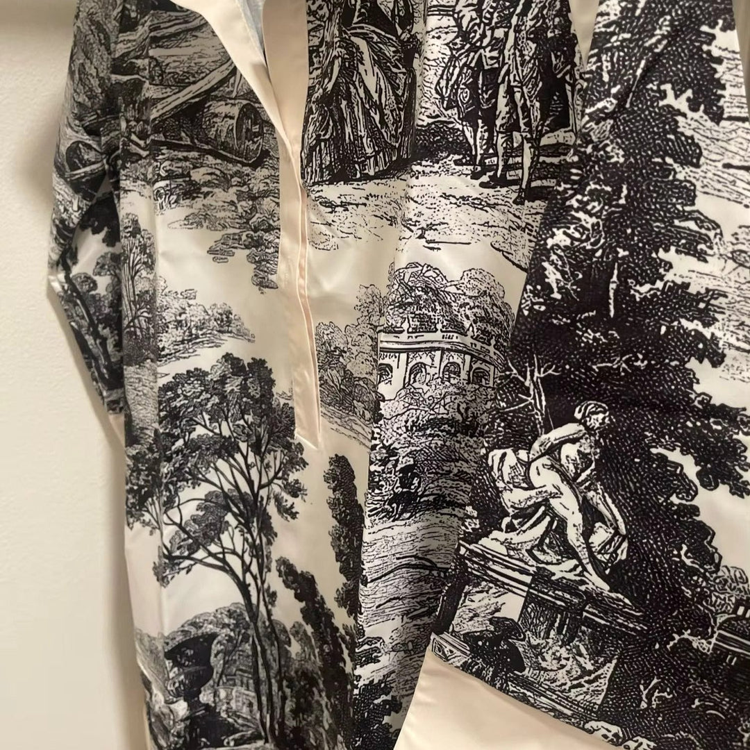 Elegant women's vintage toile print mini tunic dress. Relaxed fit, perfect for chic summer events & vacation.