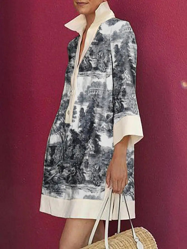 Relaxed fit women's vintage toile print mini tunic dress. Versatile casual summer style for everyday or vacation.