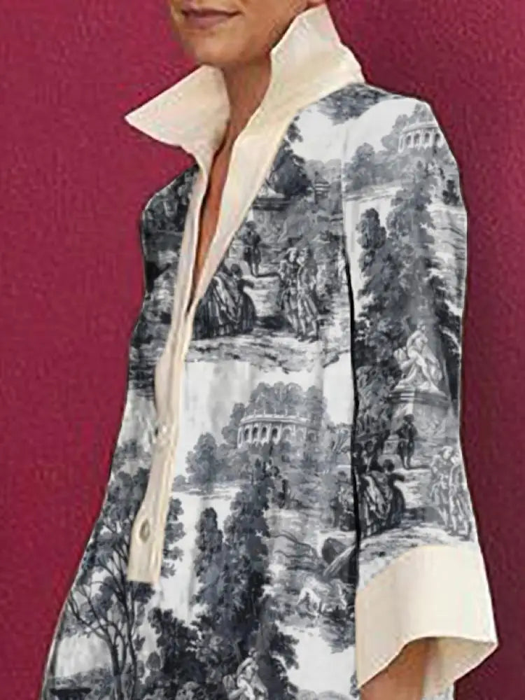 Detail shot: intricate vintage toile print on a women's mini tunic dress, highlighting the elegant pattern.