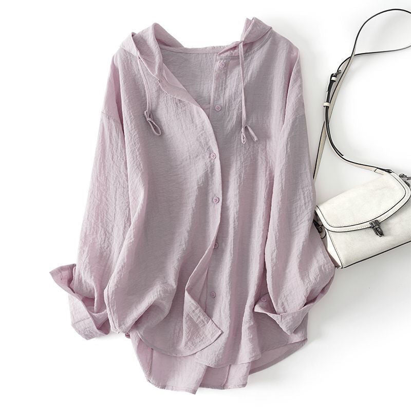 Lightweight hooded top, women's violet drawstring hoodie. Relaxed fit for casual spring & summer style.