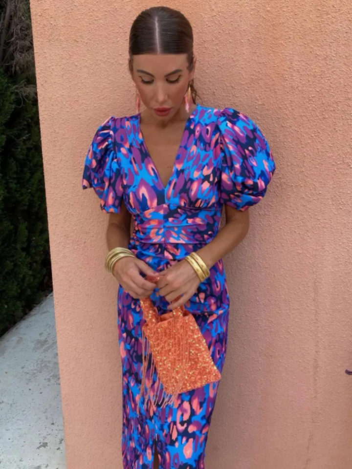 Vivid abstract print ruched midi dress for women, an elegant summer party or cocktail statement dress.