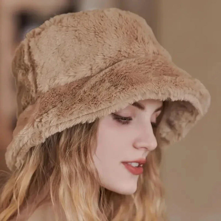 Women's warm faux rabbit fur bucket hat for autumn & winter. Plush and cozy headwear.