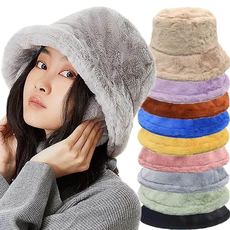 Stylish ladies' faux fur bucket hat, featuring a soft rabbit fur texture for warmth and fashion.