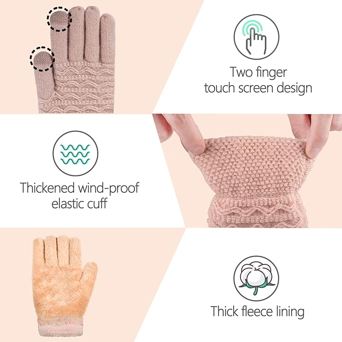 Stretchy women's knitted touchscreen gloves, fleece-lined for warmth & comfort during cold winter days.
