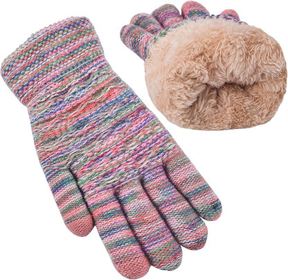 Cozy women's fleece-lined knitted gloves, insulated for warmth, with sensitive touchscreen fingertips.