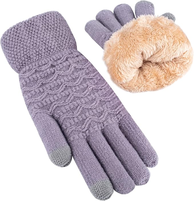 Fashionable women's stretchy knitted gloves, warm fleece-lined with touchscreen compatibility for phones.