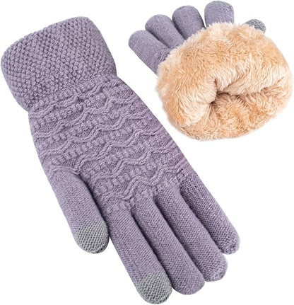 Fashionable women's stretchy knitted gloves, warm fleece-lined with touchscreen compatibility for phones.