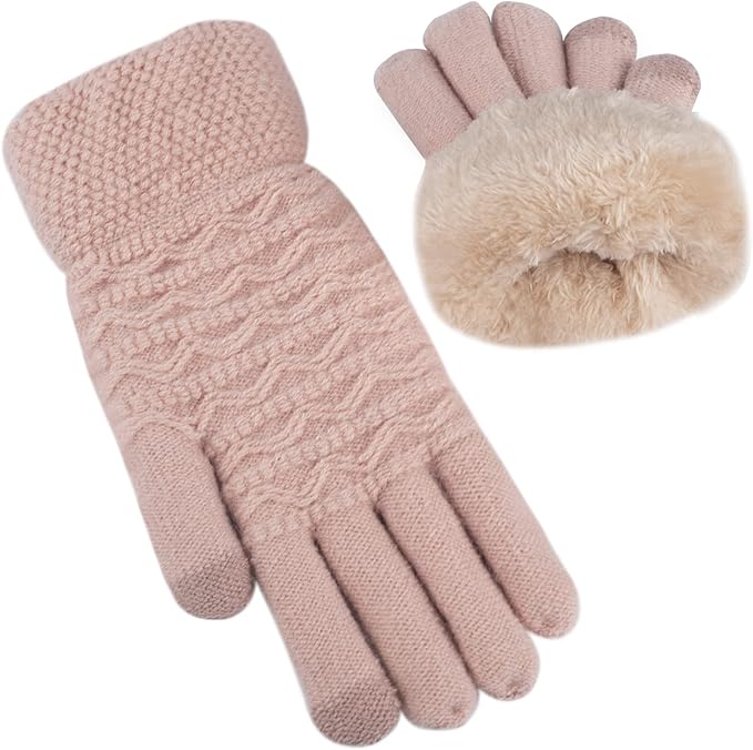 Insulated women's touchscreen gloves, super warm fleece lining & knitted design for smartphone use in cold.