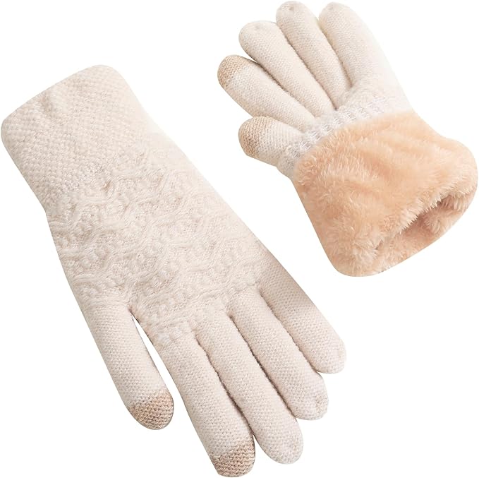 Women's warm touchscreen gloves, fleece-lined & knitted, designed for cold weather outdoor activities.