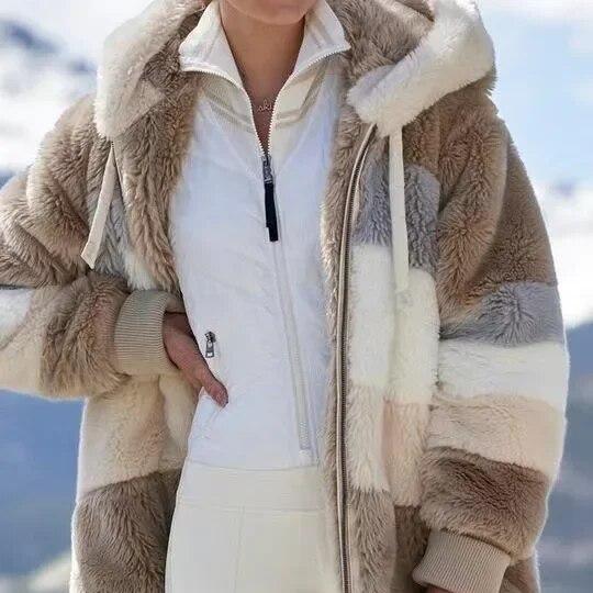 Women's warm hooded zipper jacket, perfect for casual fashion & cold weather protection.