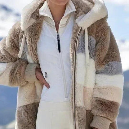 Women's warm hooded zipper jacket, perfect for casual fashion & cold weather protection.