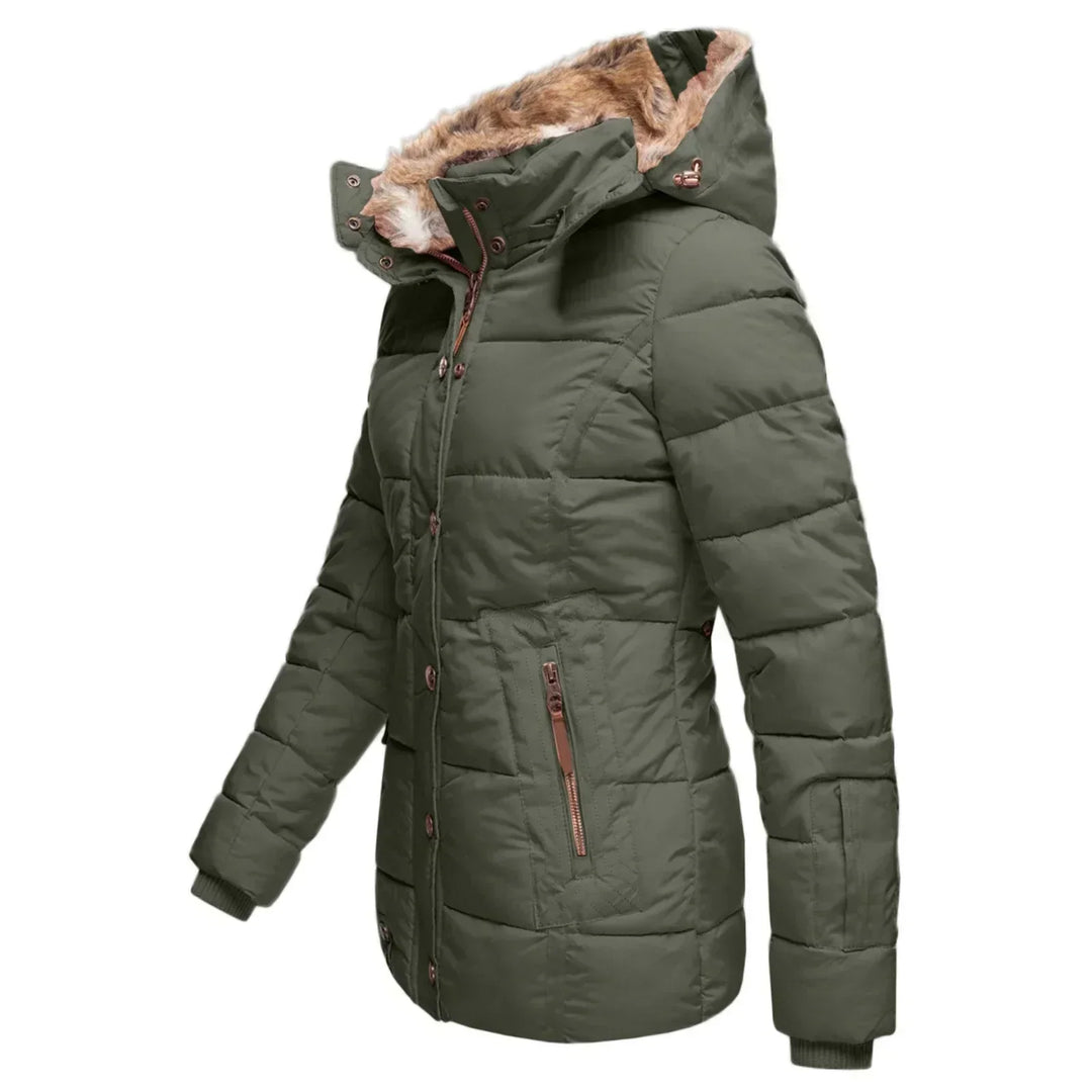Women's warm insulated hooded winter jacket, ideal for cold weather and stylish outerwear.