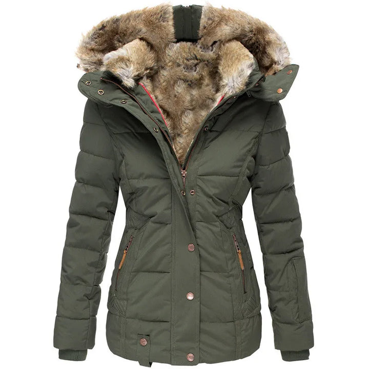 Women's cozy hooded outerwear, insulated for winter warmth and elegant style.