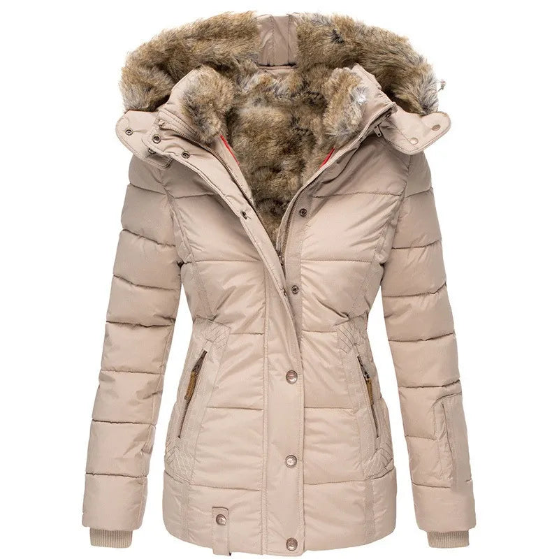 Versatile women's insulated hooded jacket, offering warmth and style for winter fashion.