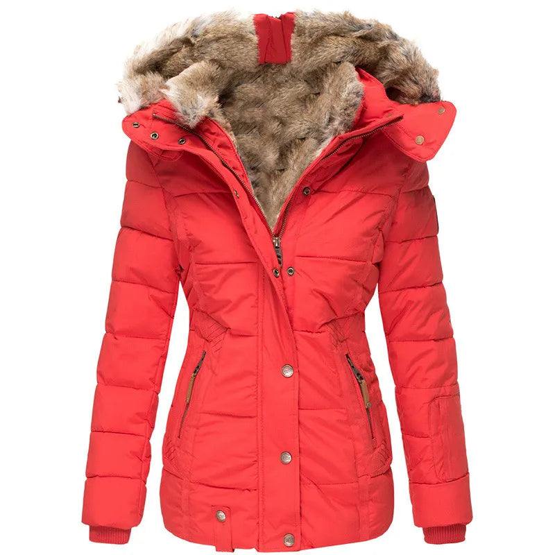 Full-zip women's insulated winter jacket, featuring a warm hood for ultimate cold-weather protection.