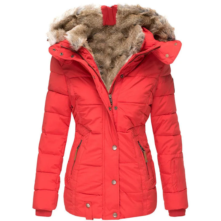Full-zip women's insulated winter jacket, featuring a warm hood for ultimate cold-weather protection.