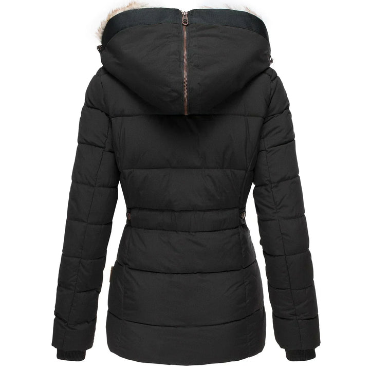 Stylish women's insulated winter jacket with a cozy hood, perfect for fashion and warmth.