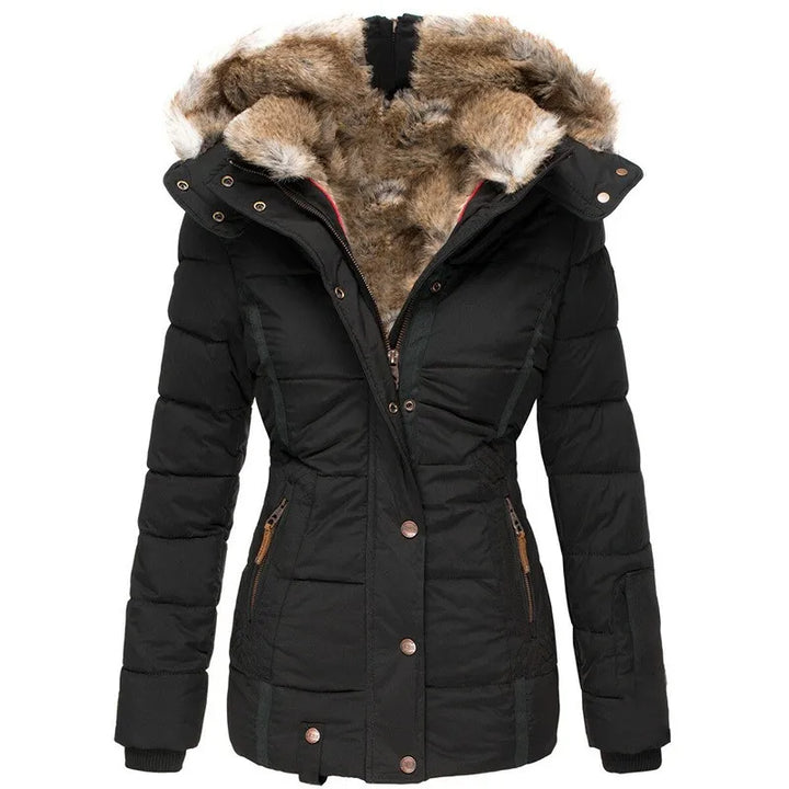Warm women's insulated hooded jacket, cozy outerwear designed for cold weather fashion.