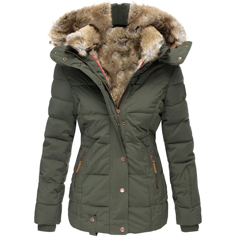 Women's warm winter jacket, insulated and hooded, ideal for cold weather outdoor activities.