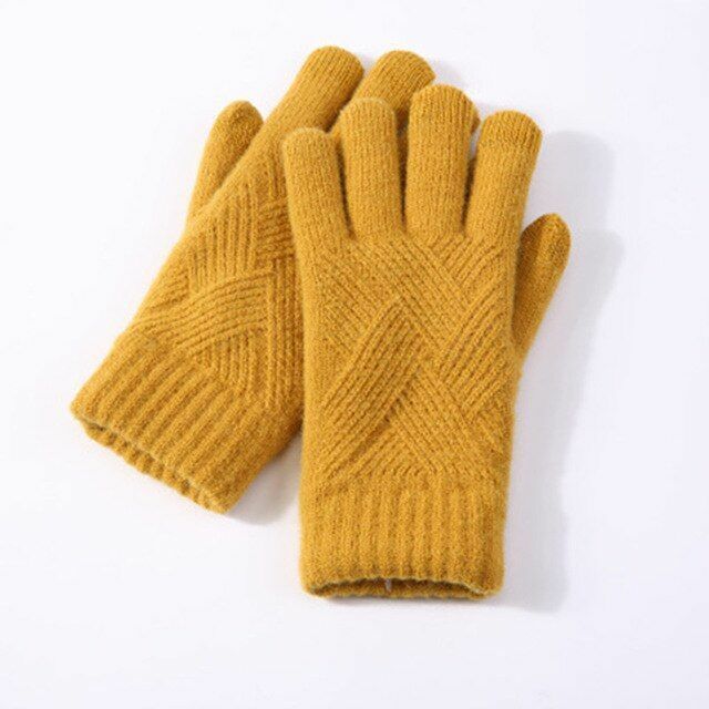 Cozy knitted wool blend gloves for women, perfect for cold weather and smartphone use.