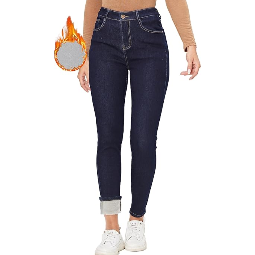 Ladies warm skinny thermal jeans, offering comfort and cold weather protection.