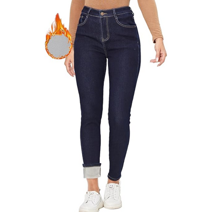 Ladies warm skinny thermal jeans, offering comfort and cold weather protection.