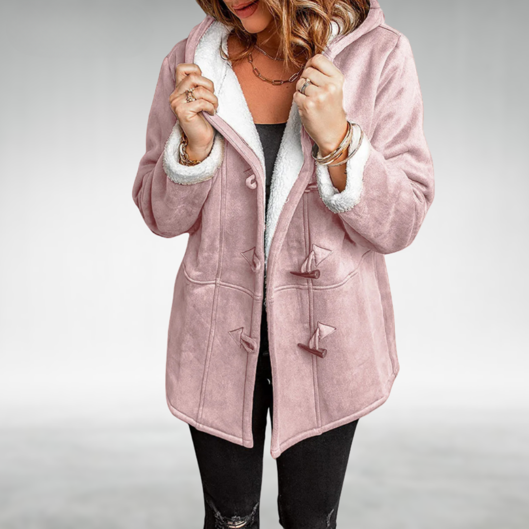 Plush-lined women's winter coat, super warm & cozy, perfect for cold weather fashion with a comfortable fit.