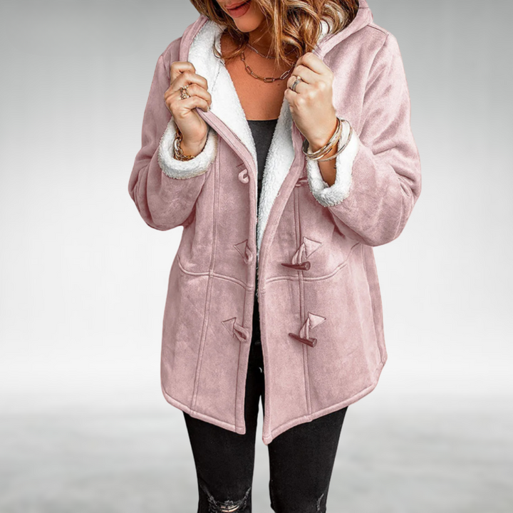 Plush-lined women's winter coat, super warm & cozy, perfect for cold weather fashion with a comfortable fit.