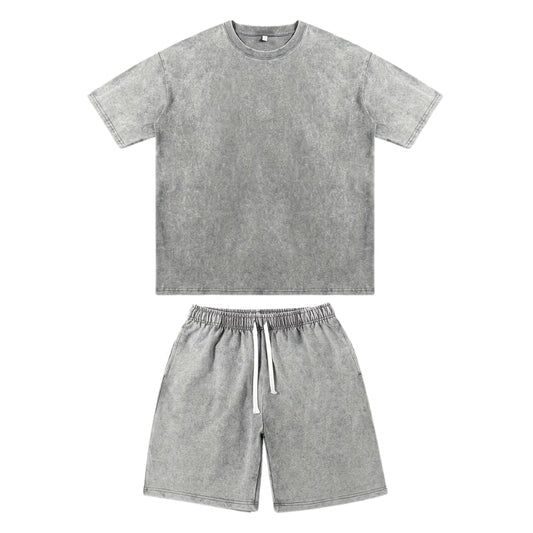 Women's washed cotton two-piece set, vintage comfort loungewear, relaxed summer outfit.