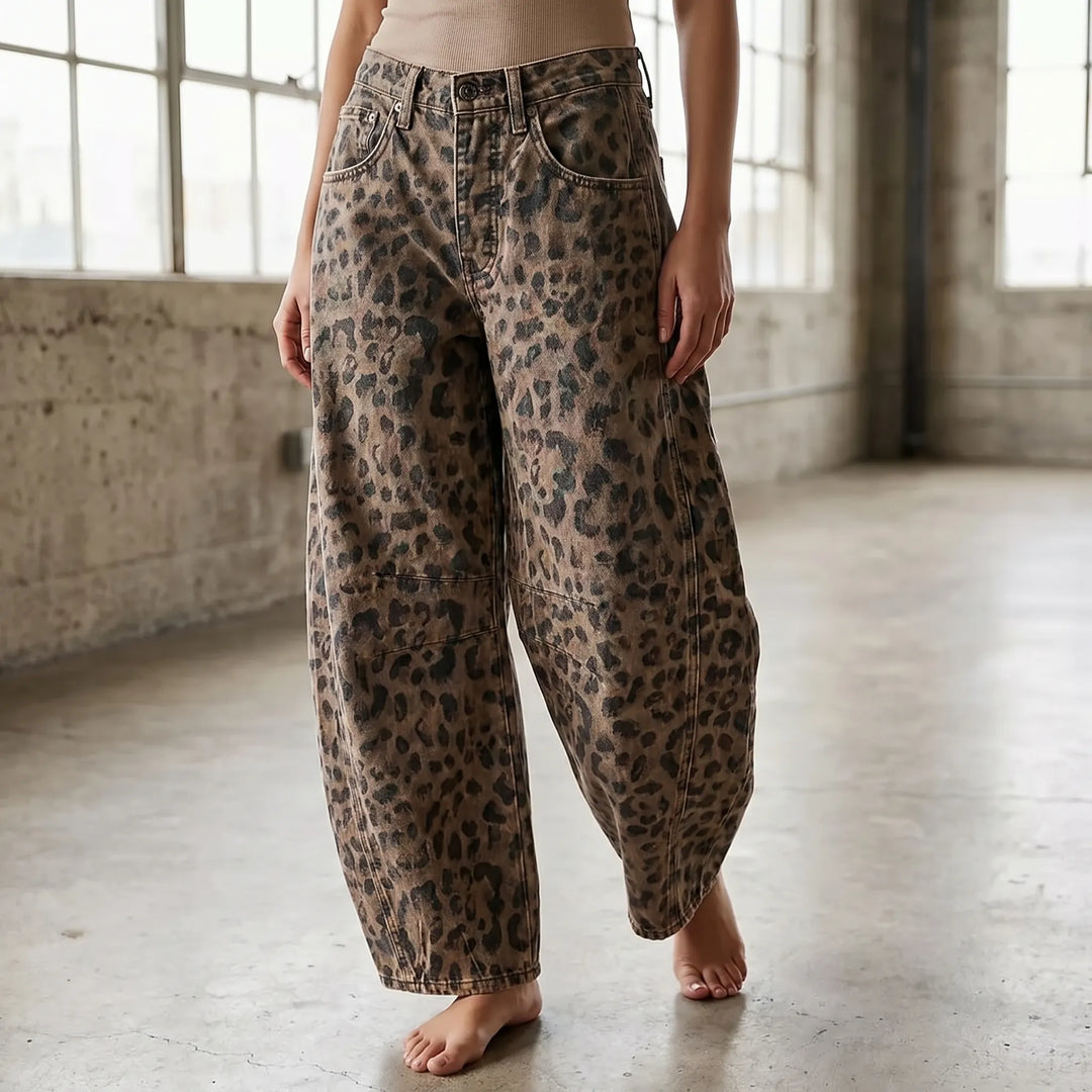 Women's washed leopard print barrel jeans, relaxed fit, mid-rise, perfect for casual streetwear style.