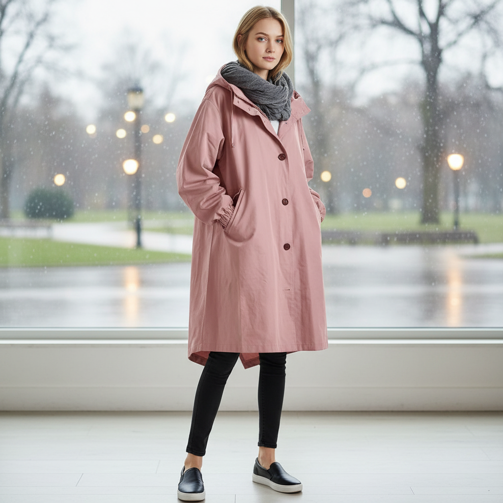 Women's water resistant rain jacket, longline hooded fit for outdoor comfort & weather protection.