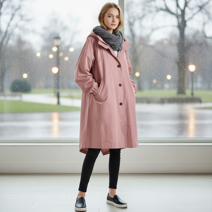 Women's water resistant rain jacket, longline hooded fit for outdoor comfort & weather protection.