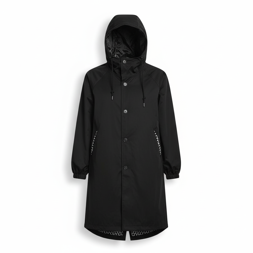 Women's longline fit rain jacket, water resistant and hooded. Perfect casual outerwear for spring & fall.