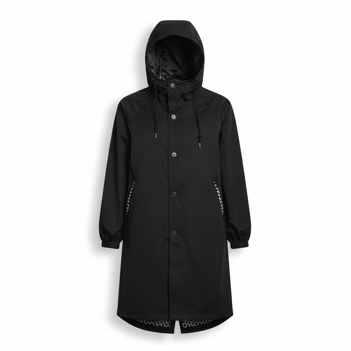 Women's longline fit rain jacket, water resistant and hooded. Perfect casual outerwear for spring & fall.