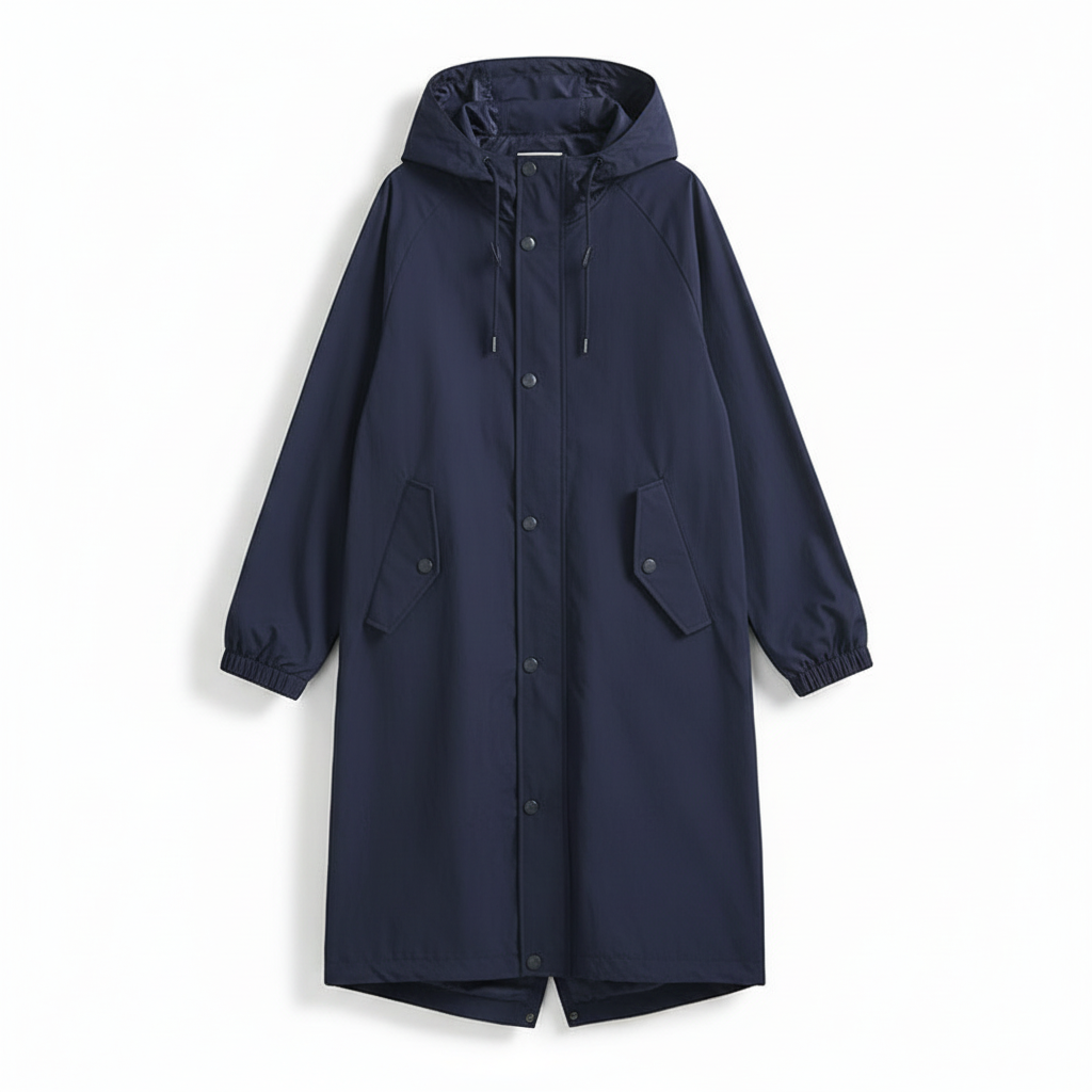 Stay dry with this women's water resistant, hooded rain jacket. Longline design for full weather protection.