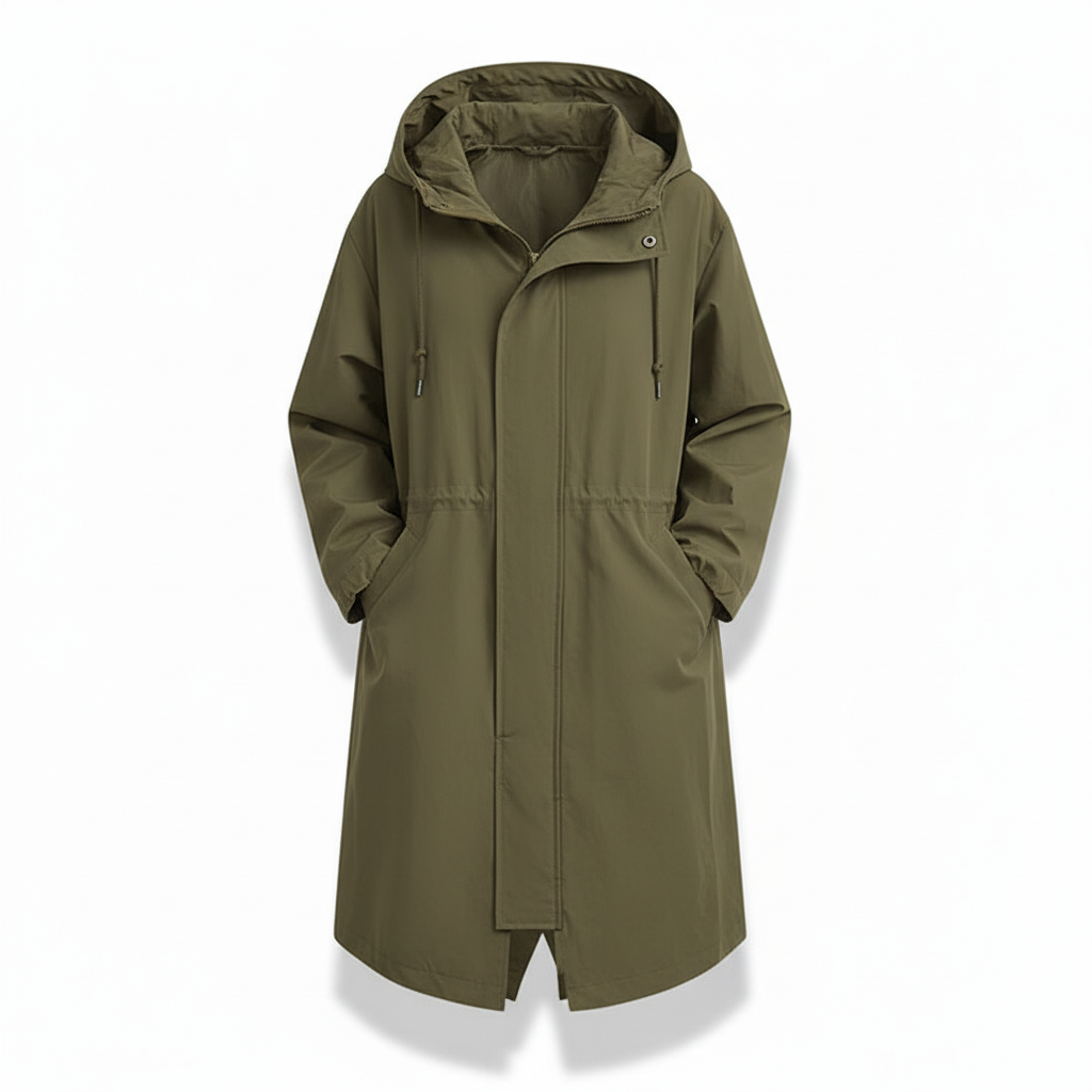 Spring/Fall women's water resistant rain jacket. Longline hooded design provides lightweight outdoor weather protection.