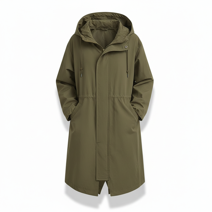 Spring/Fall women's water resistant rain jacket. Longline hooded design provides lightweight outdoor weather protection.
