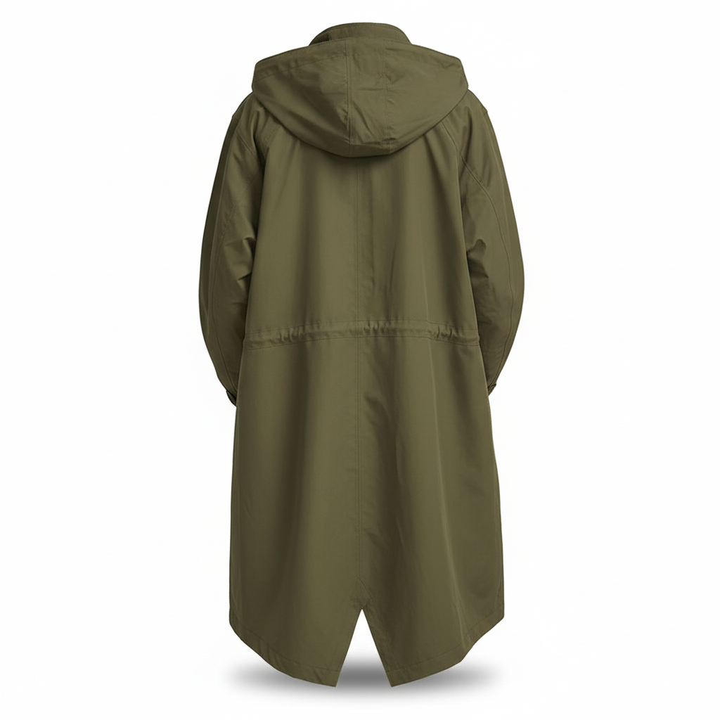 Durable women's longline hooded rain jacket, water resistant for outdoor adventures & all-weather comfort.