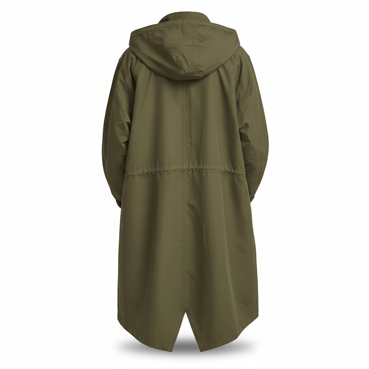 Durable women's longline hooded rain jacket, water resistant for outdoor adventures & all-weather comfort.