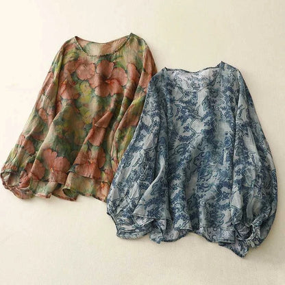 Elegant women's watercolor floral blouse, airy & comfortable long sleeve in green & blue, perfect for spring/summer.