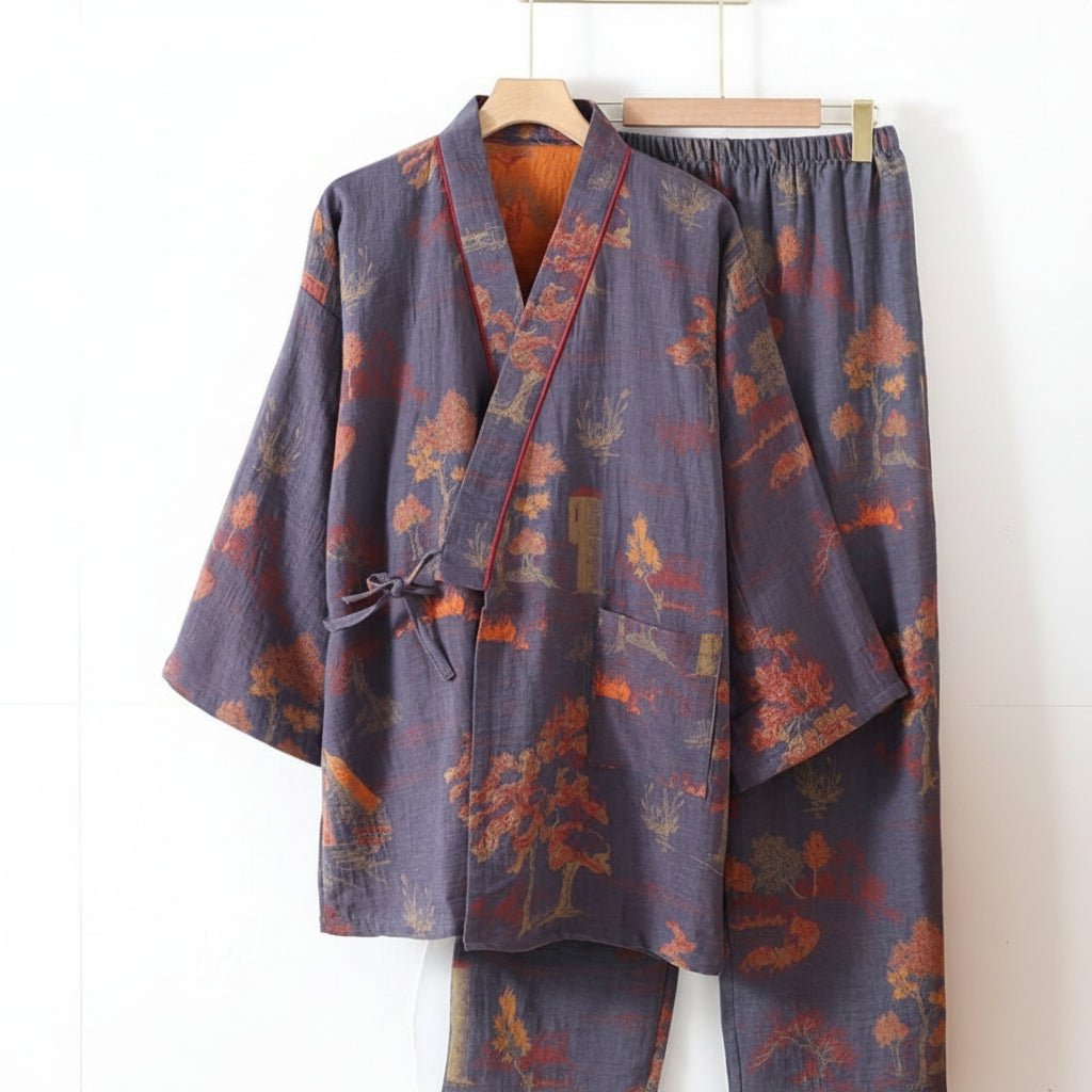 Women's casual two-piece sleep set featuring a beautiful watercolor kimono top & comfortable pajama bottoms.