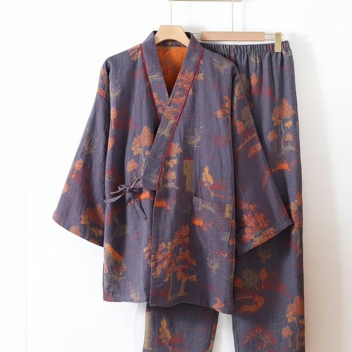 Women's casual two-piece sleep set featuring a beautiful watercolor kimono top & comfortable pajama bottoms.