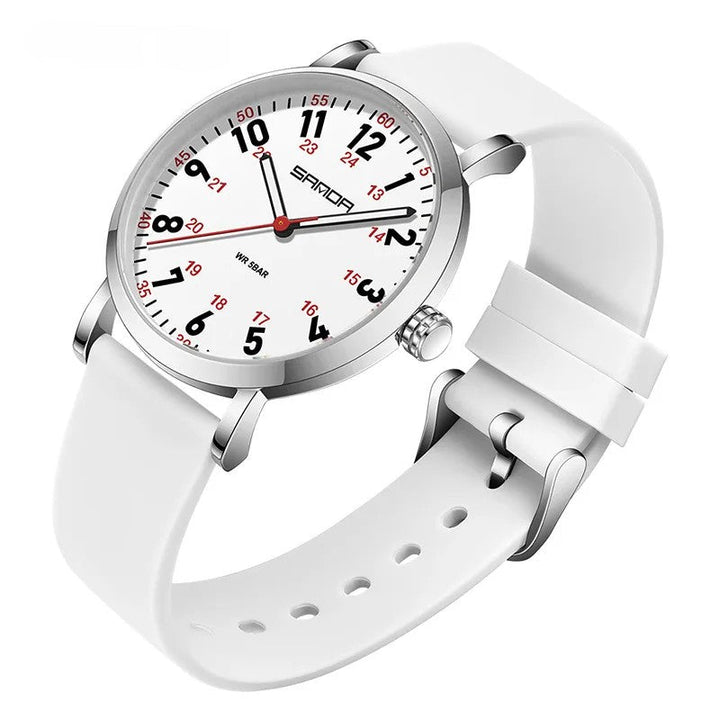 Scrub-friendly women's waterproof watch with easy-read 24-hour display. Luminous dial, durable for medical professionals.