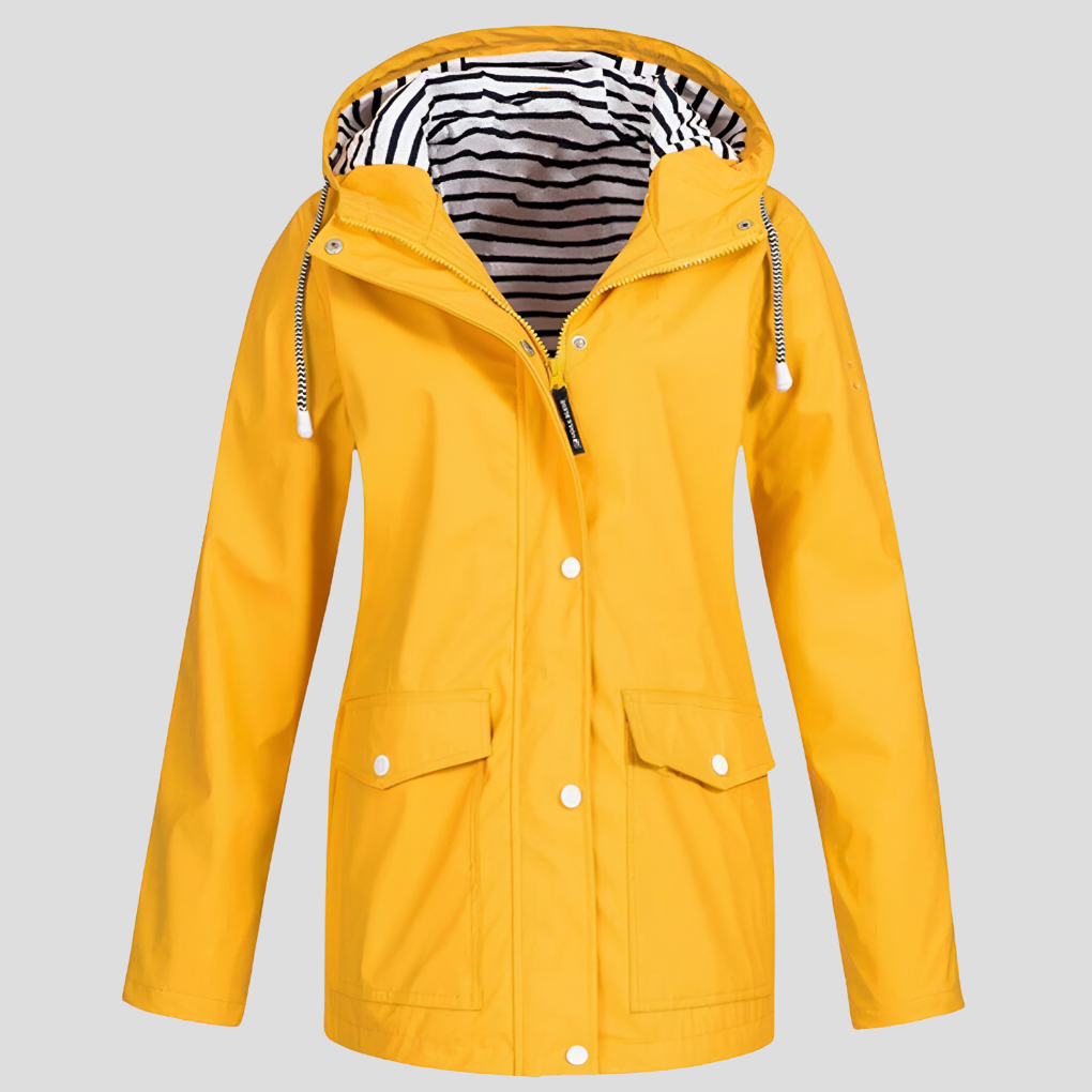 Women's waterproof hooded rain jacket, lightweight for all-weather protection and travel.