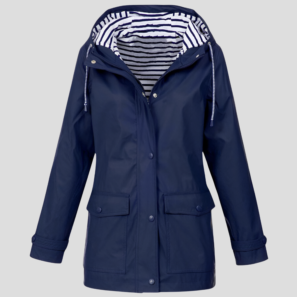 Durable women's waterproof jacket with hood, offering all-weather protection & casual style.